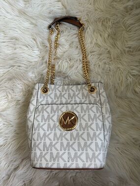 Michael Kors Cream and Brown Monogram Chain Shoulder Bag